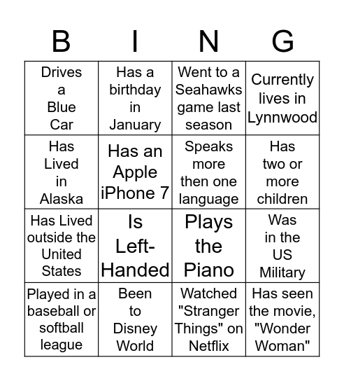 2017 Greater Seattle Picnic Bingo Card