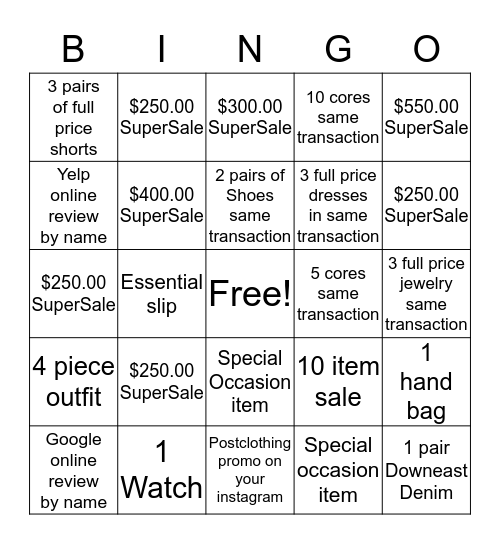 Clothing Bingo 7/21 - 7/22 (fri & sat) Bingo Card