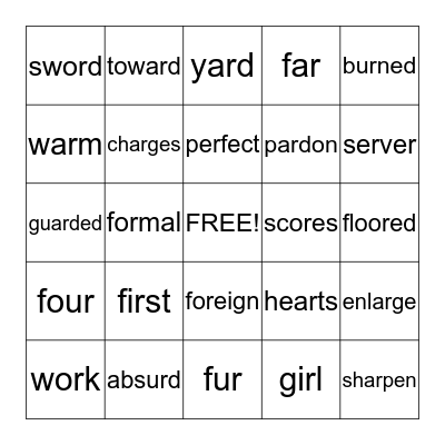 "R"  Vowel Bingo Card