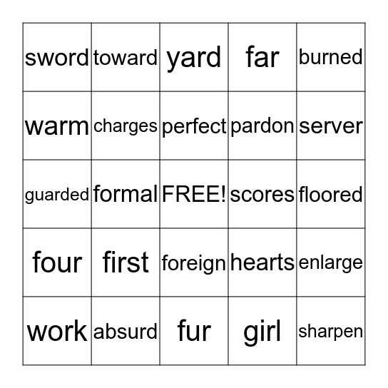 "R"  Vowel Bingo Card