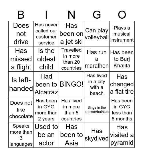 GetYourGuide! Bingo Card