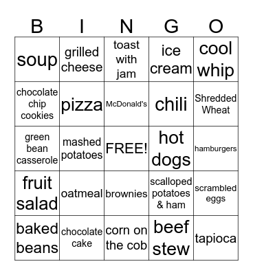 Comfort Food Bingo Card