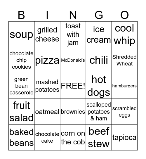 Comfort Food Bingo Card