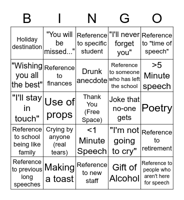 Leaving Speech Bingo 2017 Bingo Card