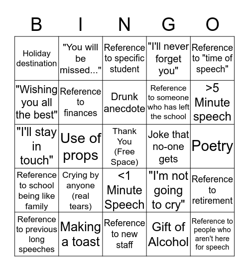 Leaving Speech Bingo 2017 Bingo Card