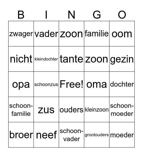 Familie Bingo Card