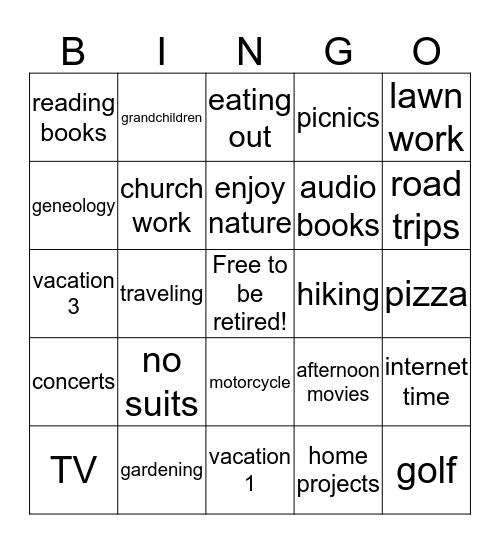 Retired Life Bingo Card