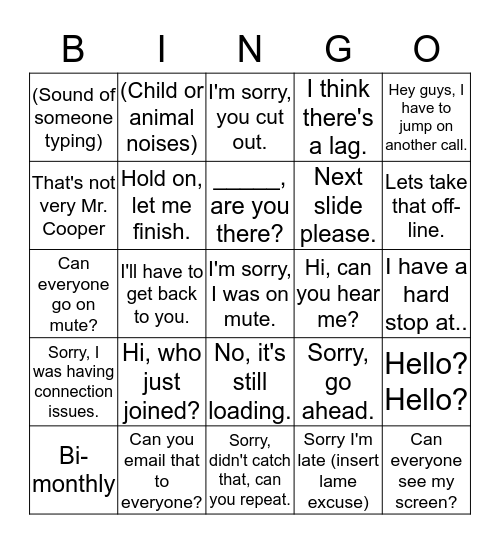 Mr. Cooper Conference Call Bingo Card