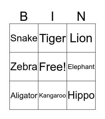 Jungle Animals Bingo Card