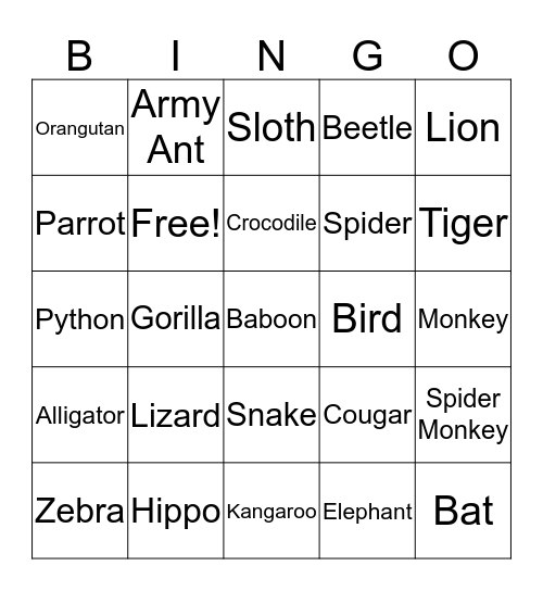 Jungle Animals Bingo Card