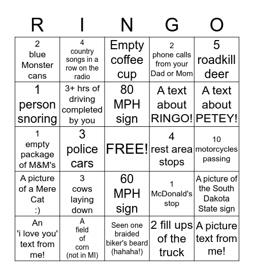 Roadtrip Ringo! Bingo Card