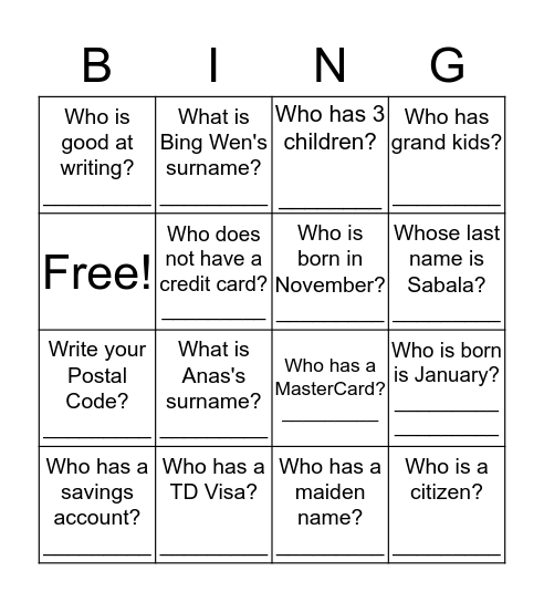 People Bingo  Bingo Card