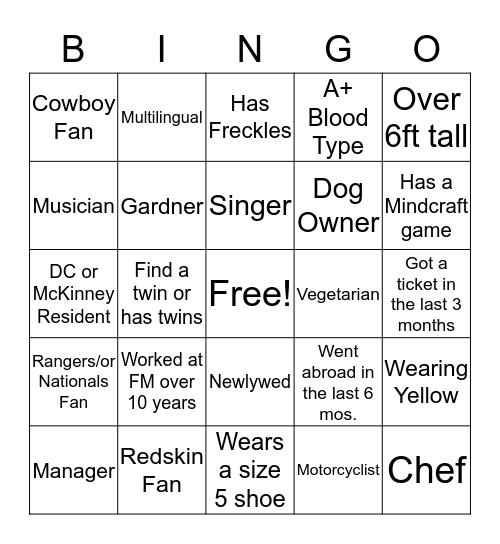 COS Bingo Mingle Bingo Card