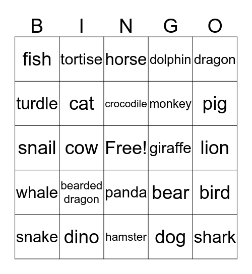 animal bingo Card