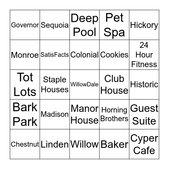 Residence at the Manor Bingo Card