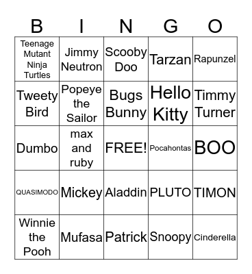 Nick and Disney Bingo Card