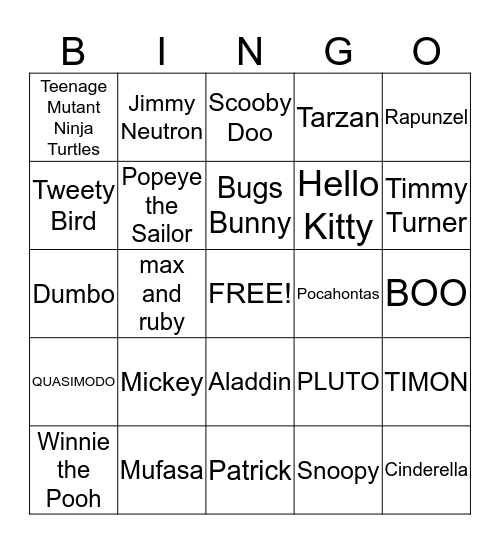 Nick and Disney Bingo Card