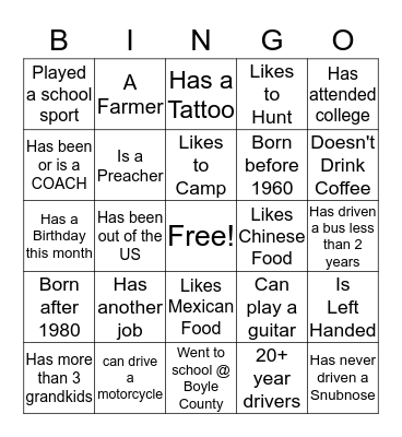 BUS BINGO Card