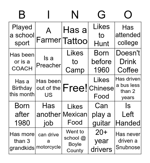 BUS BINGO Card