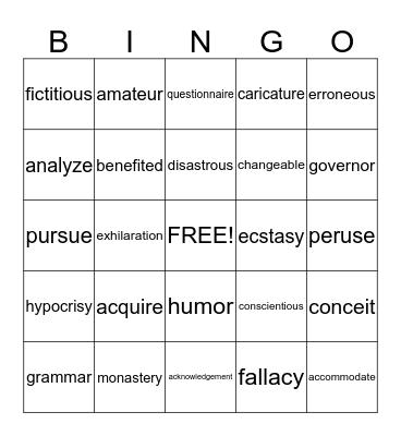 50 Commonly Misspelled Words Bingo Card
