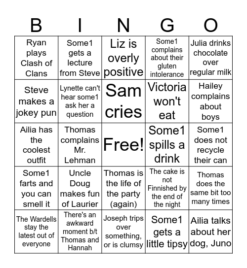 Sam's Going Away Party Bingo Card