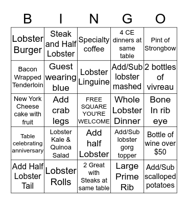LOBSTER GRILL BINGO Card