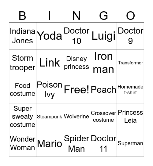 Comic Con Bingo Card