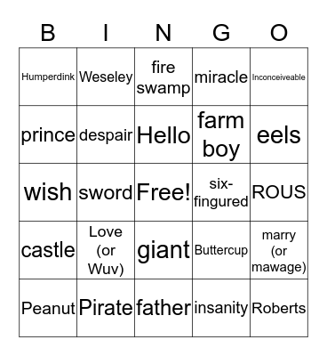 Princess Bride Bingo Card