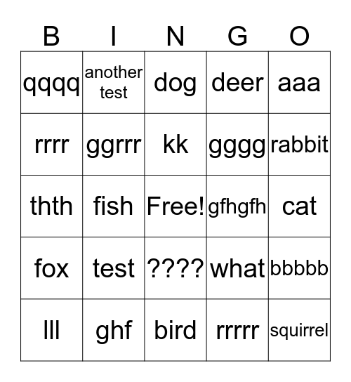 test Bingo Card