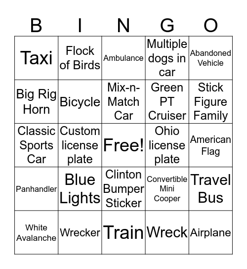 Road Trip Bingo Card