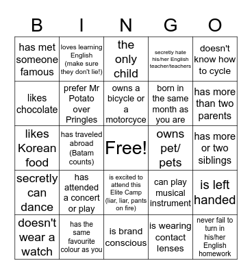 Speed Chin-Wagging Bingo Card