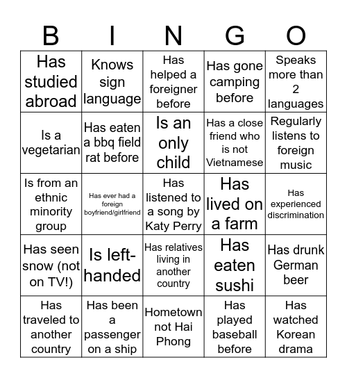 Diversity Bingo Card