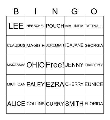 Ealey-Smith Family Reunion 2017 Bingo Card