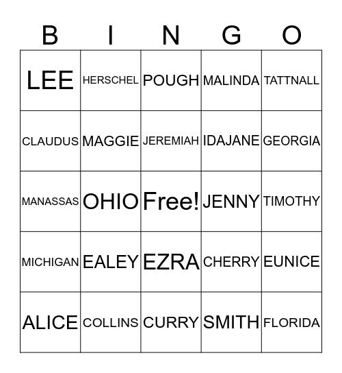 Ealey-Smith Family Reunion 2017 Bingo Card
