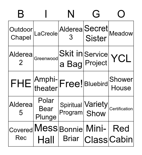 Girls Camp Bingo Card