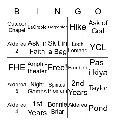 Girls Camp Bingo Card