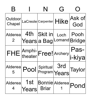 Girls Camp Bingo Card