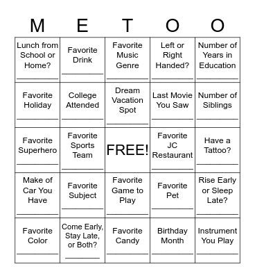 ME TOO!! Bingo Card