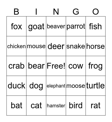 Animals  Bingo Card