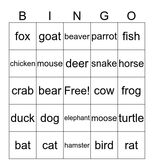 Animals  Bingo Card