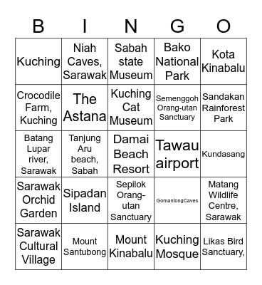 Places of Interest in Sabah and Sarawak Bingo Card