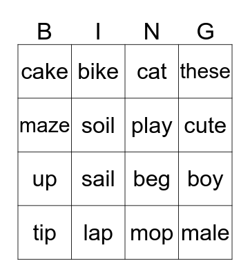 Long and Short Vowel Sounds Bingo Card