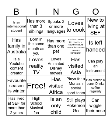 SEF Bingo Card