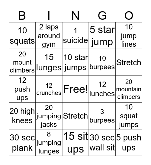 Fitness bingo  Bingo Card