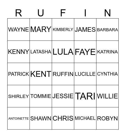 RUFFIN FAMILY BINGO Card