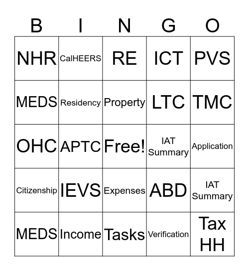 Medi-Cal Bingo Card