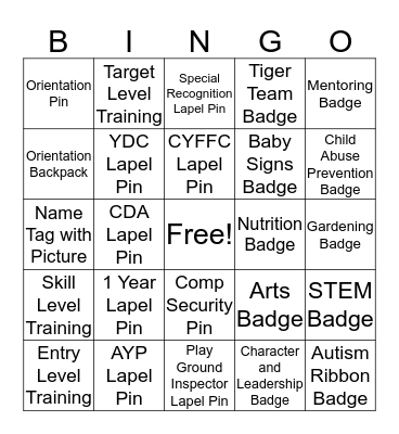 CYS Recognition Bingo Card