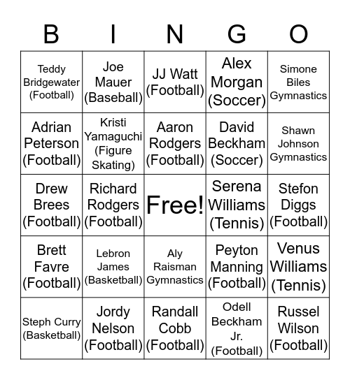 Professional Athlete Bingo  Bingo Card