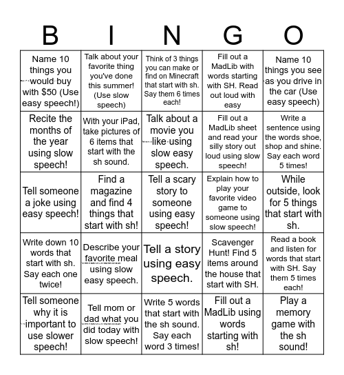 SPEECH  Bingo Card