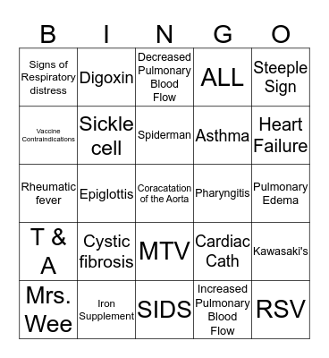 Pediatrics NR 328 Bingo Card